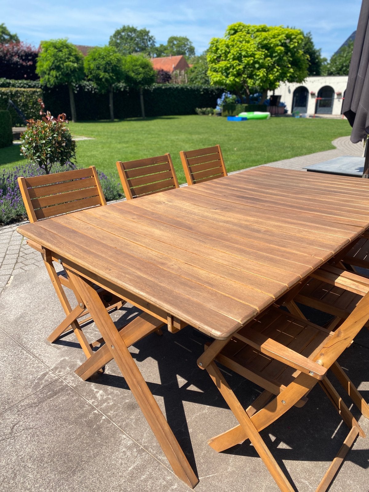 Uitschuifbare tuintafel 200-300 cm + 6 stoelen, Tuin en Terras, Ophalen, Gebruikt, Rechthoekig, Hout