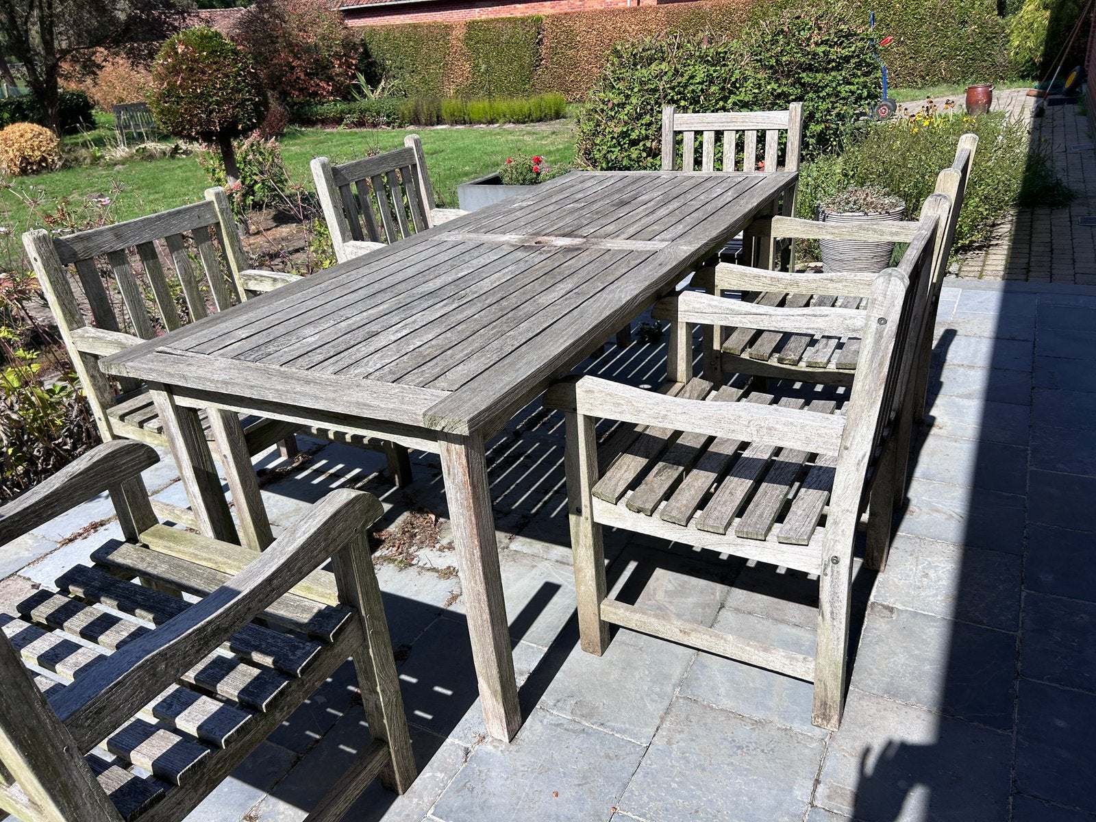 Tuintafel met 6 bijpassende stoelen in teak - oersterk, Tuin en Terras, Tuinstoelen, Ophalen, Gebruikt, Teakhout