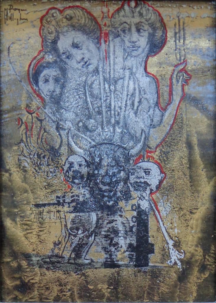 ROGER VAN BELLEGHEM / FIGUREN / OLIEVERF / 27x21cm / KADER, Enlèvement ou Envoi, Signé, Peinture à l'huile, Figures