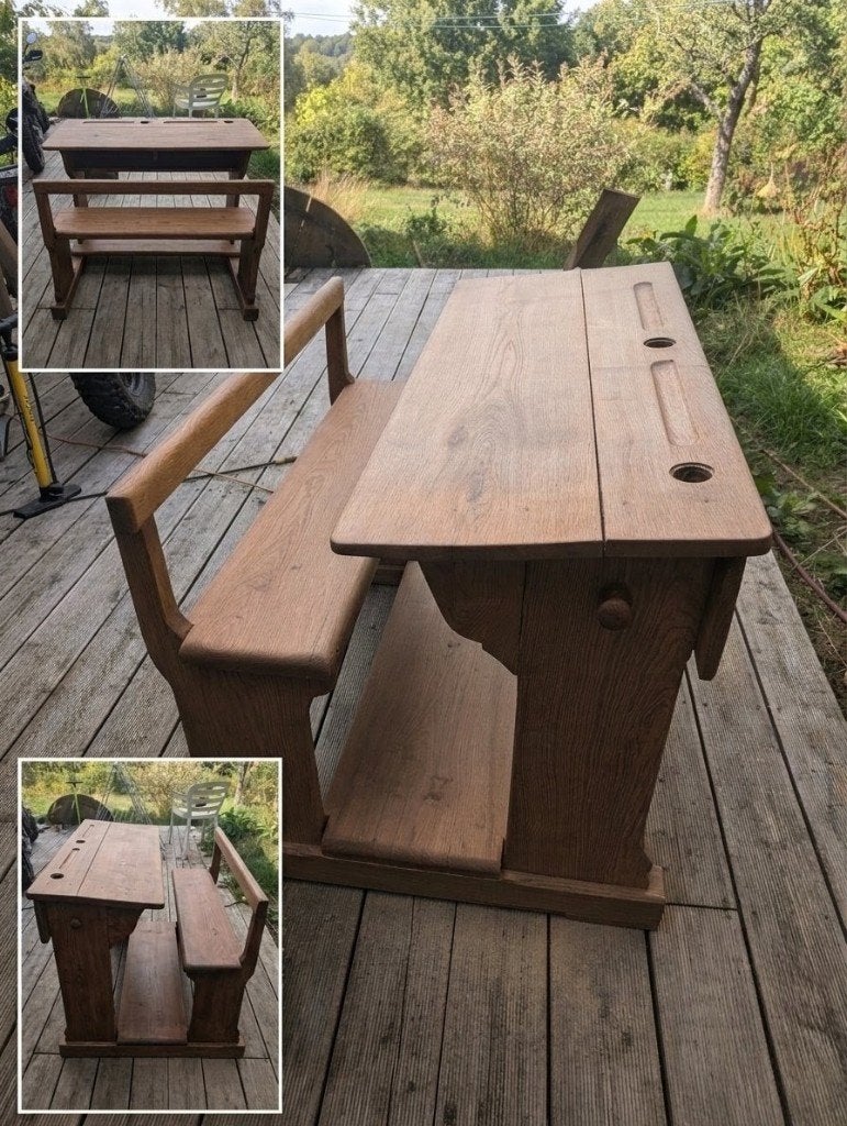 Antiek dubbel houten schoolbureau - Volledig geschuurd, Antiek en Kunst, Antiek | Meubels | Kasten, Ophalen