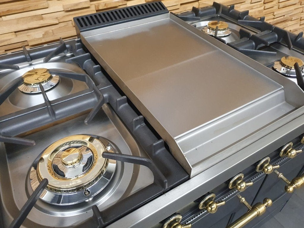 Boretti gasfornuis 90cm antraciet + messing 2 ovens Frytop, Gaz, Classe énergétique A ou plus économe, Enlèvement ou Envoi, Comme neuf