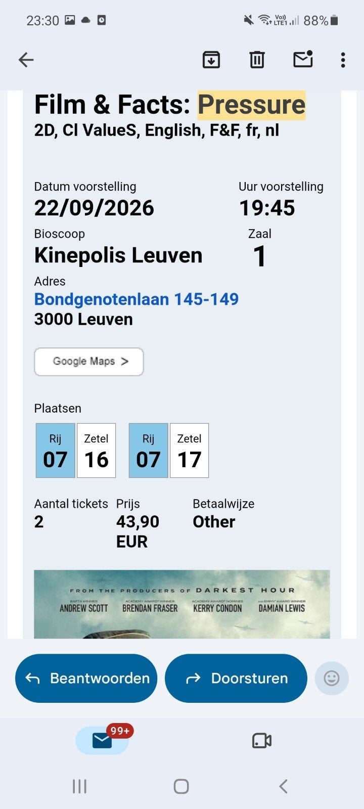 2 filmtickets Pressure. 22 Sept Kinepolis Leuven, Tickets & Billets, Deux personnes