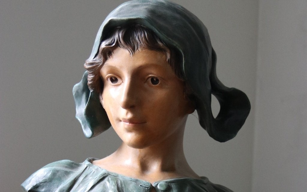 A.J. Scotte art nouveau buste meisje, Fleur des champs, Ophalen, 20 - 50 cm, Steen of Keramiek, Beschilderd