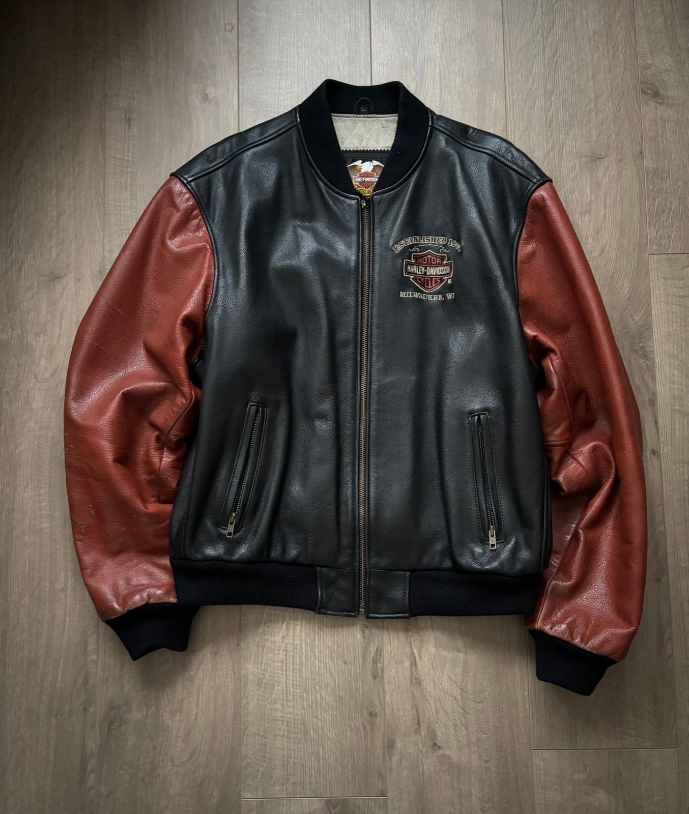 Blouson bomber en cuir vintage Harley Davidson Milwaukee WI, Enlèvement ou Envoi, Porté, Taille 52/54 (L), Orange