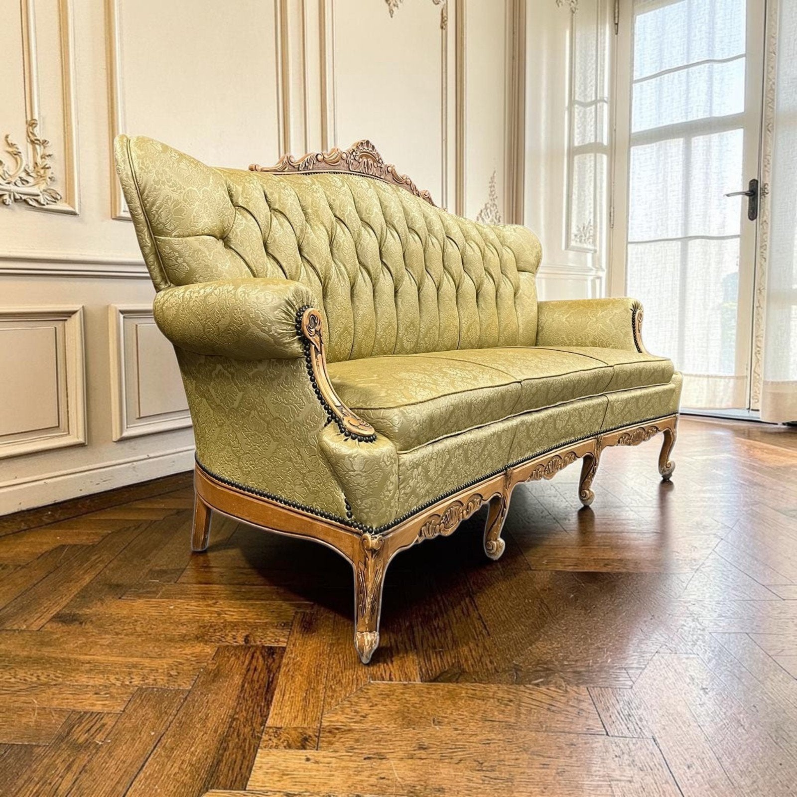 Vintage groene barok zetel / driezit / sofa / canape, Antiek en Kunst, Ophalen of Verzenden