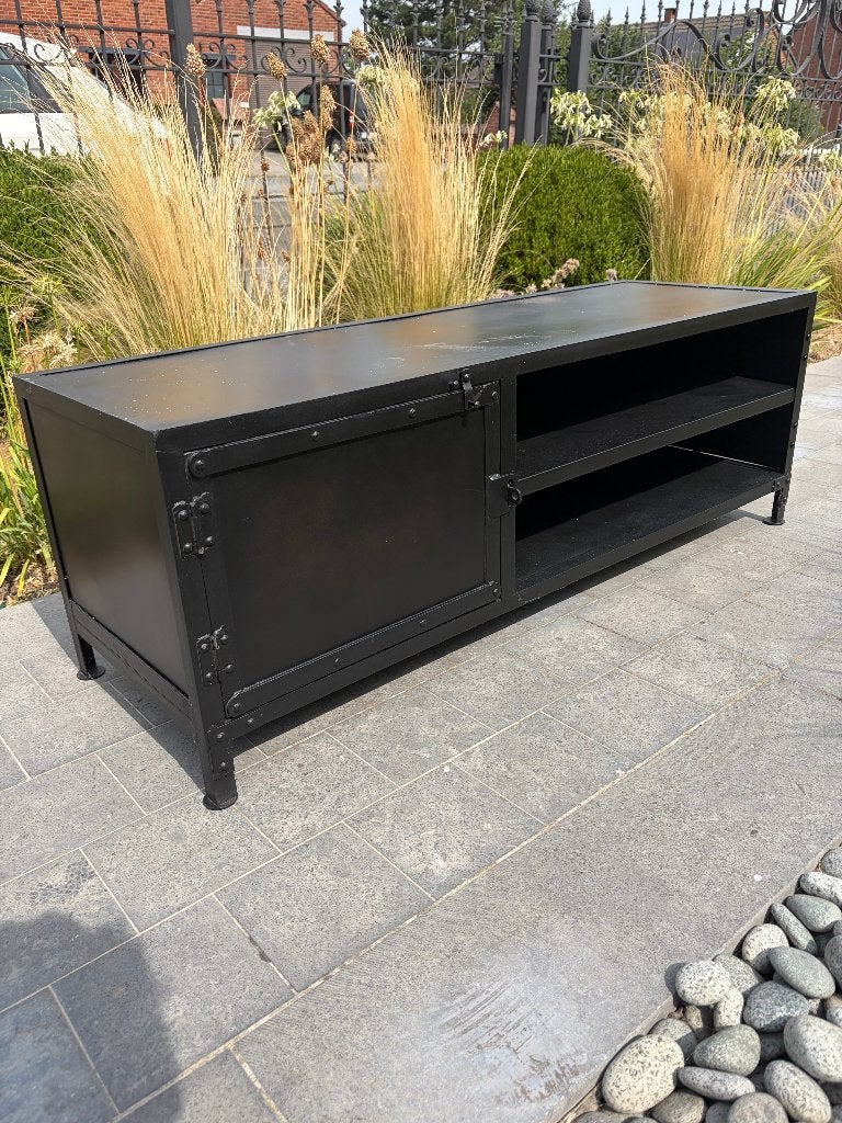 Industrieel tv-meubel van zwart metaal (120 cm) - Loft-stijl, Ophalen, Gebruikt, 100 tot 150 cm, Industriel Métal Noir - Style Loft