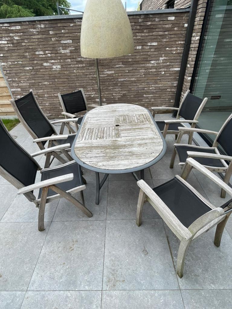 Tuintafel met stoelen, Tuin en Terras, Ophalen, Gebruikt, 6 zitplaatsen, Tuinset