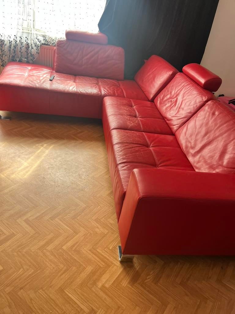 Rode leren zetel, inclusief zes stoelen en  ovale eettafel., Huis en Inrichting, Ophalen, 250 tot 300 cm, Gebruikt, Leer