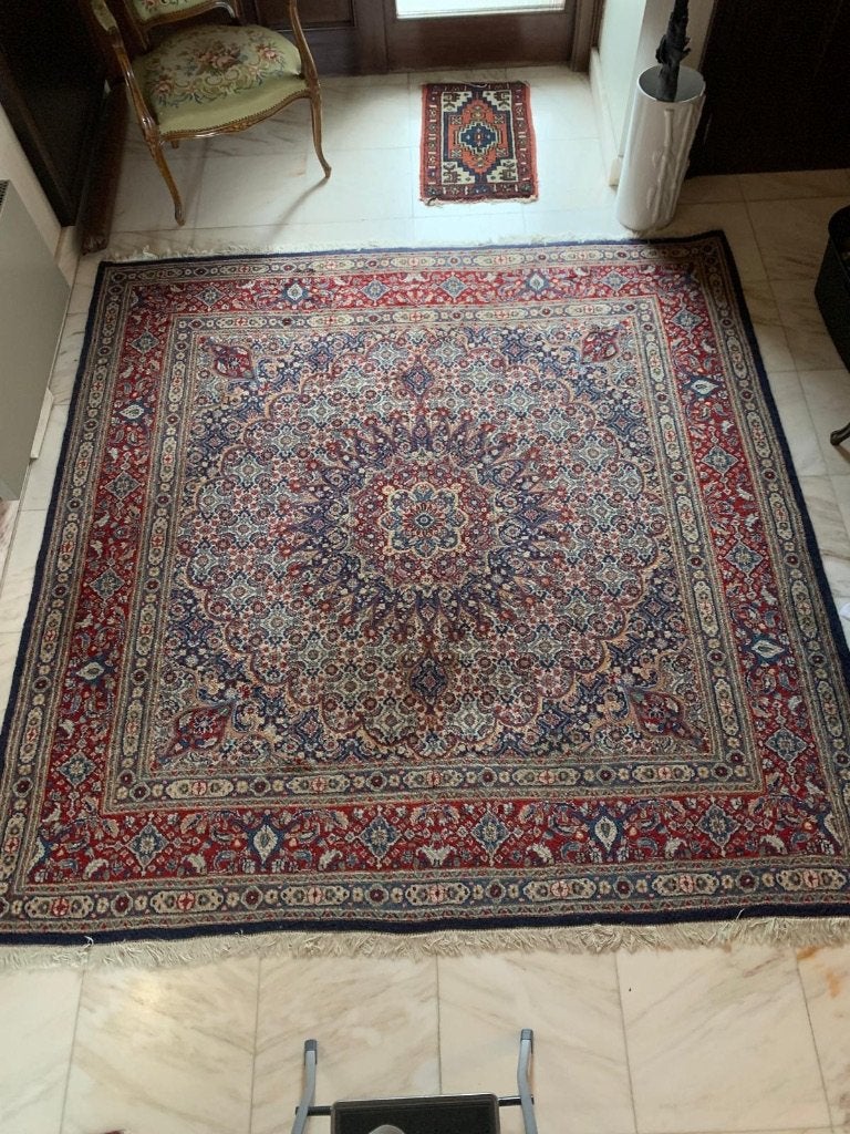 Vintage Perzisch tapijt handgeknoopt, Huis en Inrichting, Ophalen, Gebruikt, Blauw, 200 cm of meer