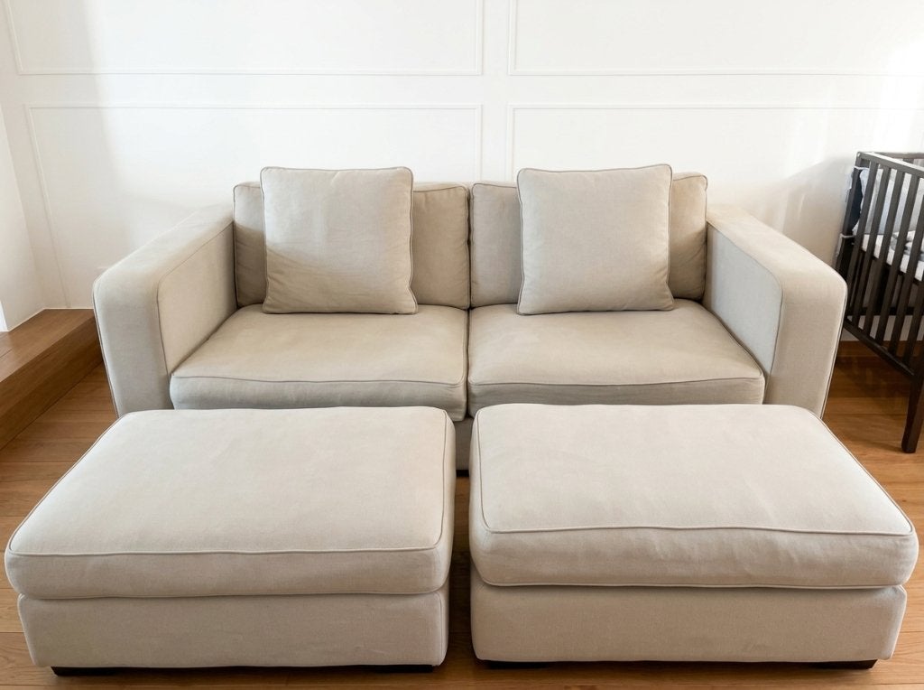 Canapé beige confortable avec 2 poufs assortis, Maison & Meubles, Canapés | Repose-pieds & Poufs, Bois, Enlèvement, Rectangulaire