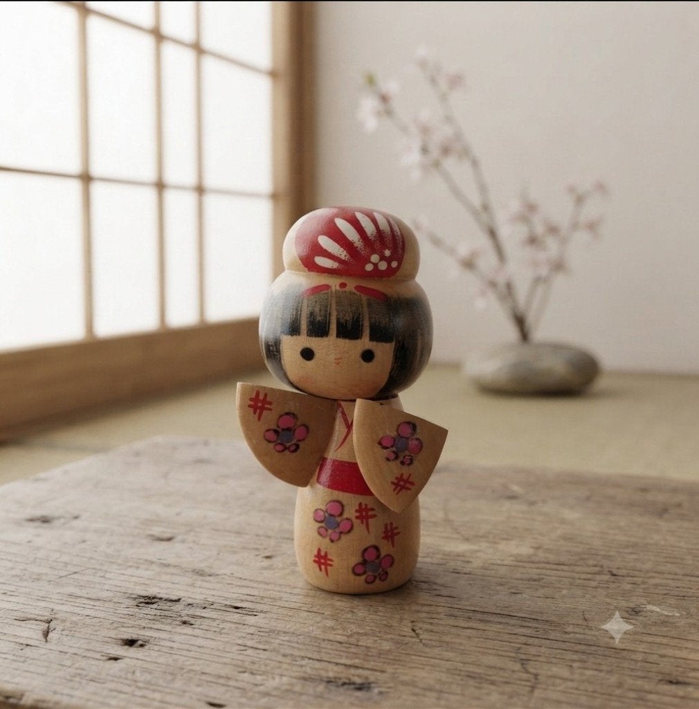 Joli kokeshi de (probablement) Sakutaro Otani, 13 cm, Fait main, Japon, Bois