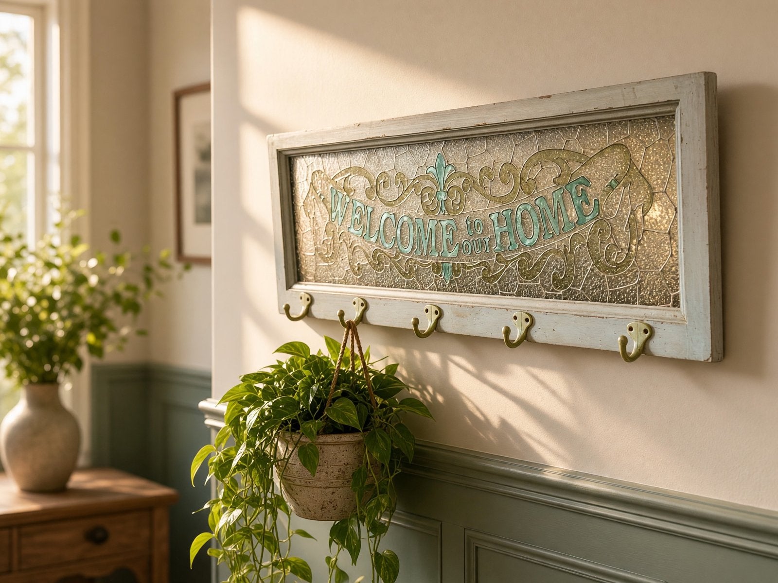 Vitrail vintage/porte-manteau décoratif 'Welcome', Enlèvement ou Envoi