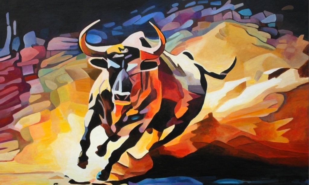 Schilderij van een stier, Antiquités & Art, Art | Peinture | Moderne, Peinture acrylique, Signé, Autres matériaux, Enlèvement