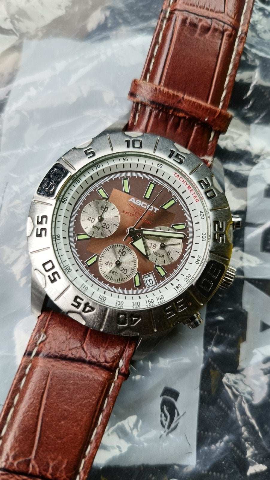 beau chrono Ascot 10 bars résistant à l'eau pour homme, Autres marques, Enlèvement ou Envoi, Cuir, Acier
