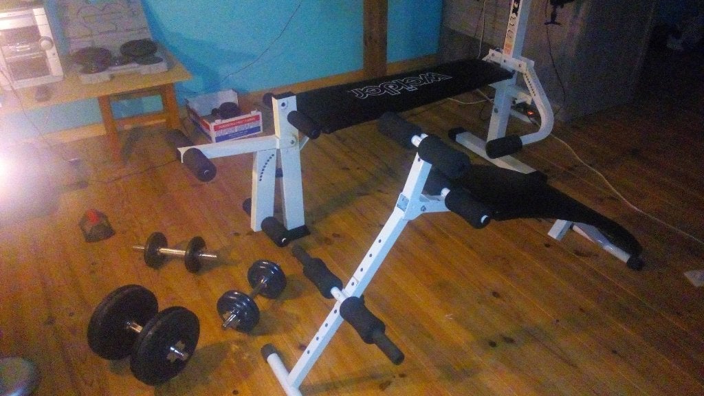 2 bancs de musculation (Abdos incurvé + Droit polyvalent), Enlèvement, Utilisé, Bras, Banc d'exercice