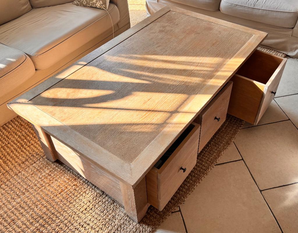 Table de salon en chêne 140x80 avec 6 tiroirs, 100 à 150 cm, Moins de 50 cm, Enlèvement, Utilisé
