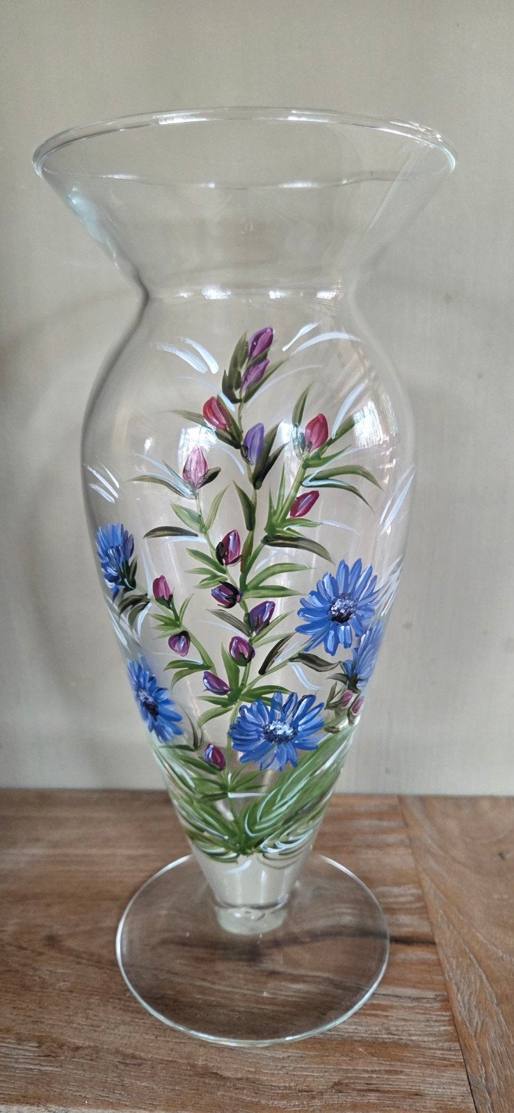 Oostenrijkse handbeschilderde glazen vaas met wilde bloemen, Ophalen of Verzenden