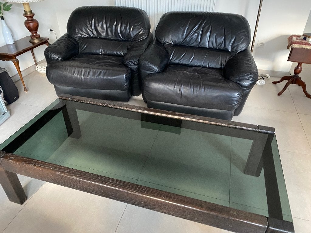 Zwarte leren fauteuil 2 stuks met salontafel, 100 à 125 cm, Enlèvement, Utilisé, Cuir