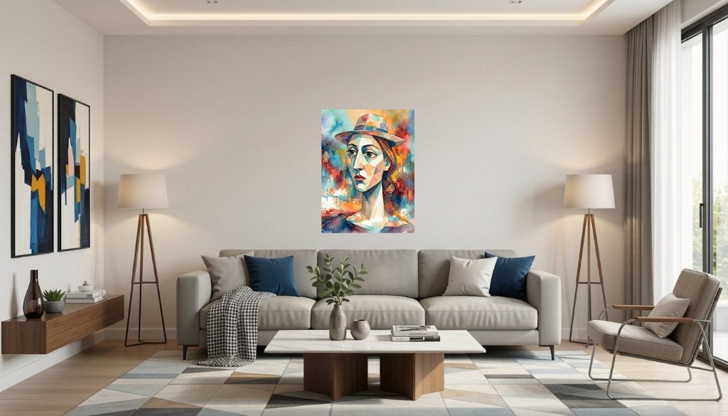 Ingelijst op canvas Abstracte vrouw met hoed/ (80x60) cm, Antiek en Kunst, Kunst | Schilderijen | Modern, Abstract, Aquarel, Verzenden