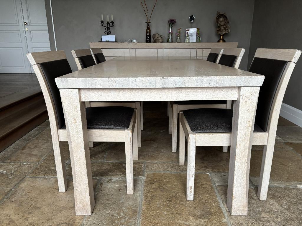 Table à manger en bois massif (pâle) avec 6 chaises, Enlèvement, Utilisé, 6 à 8 chaises