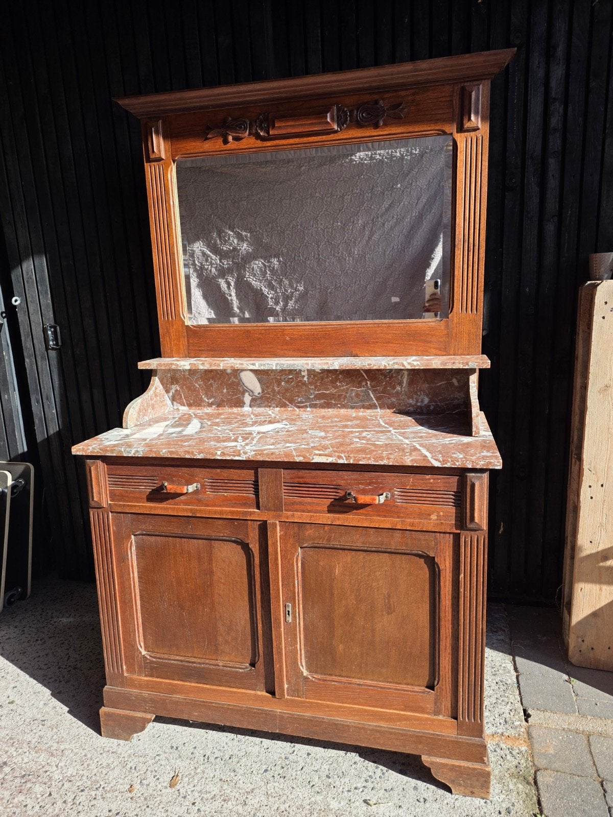 Meuble de toilette ancien en bois et marbre avec miroir, Antiquités & Art, Enlèvement