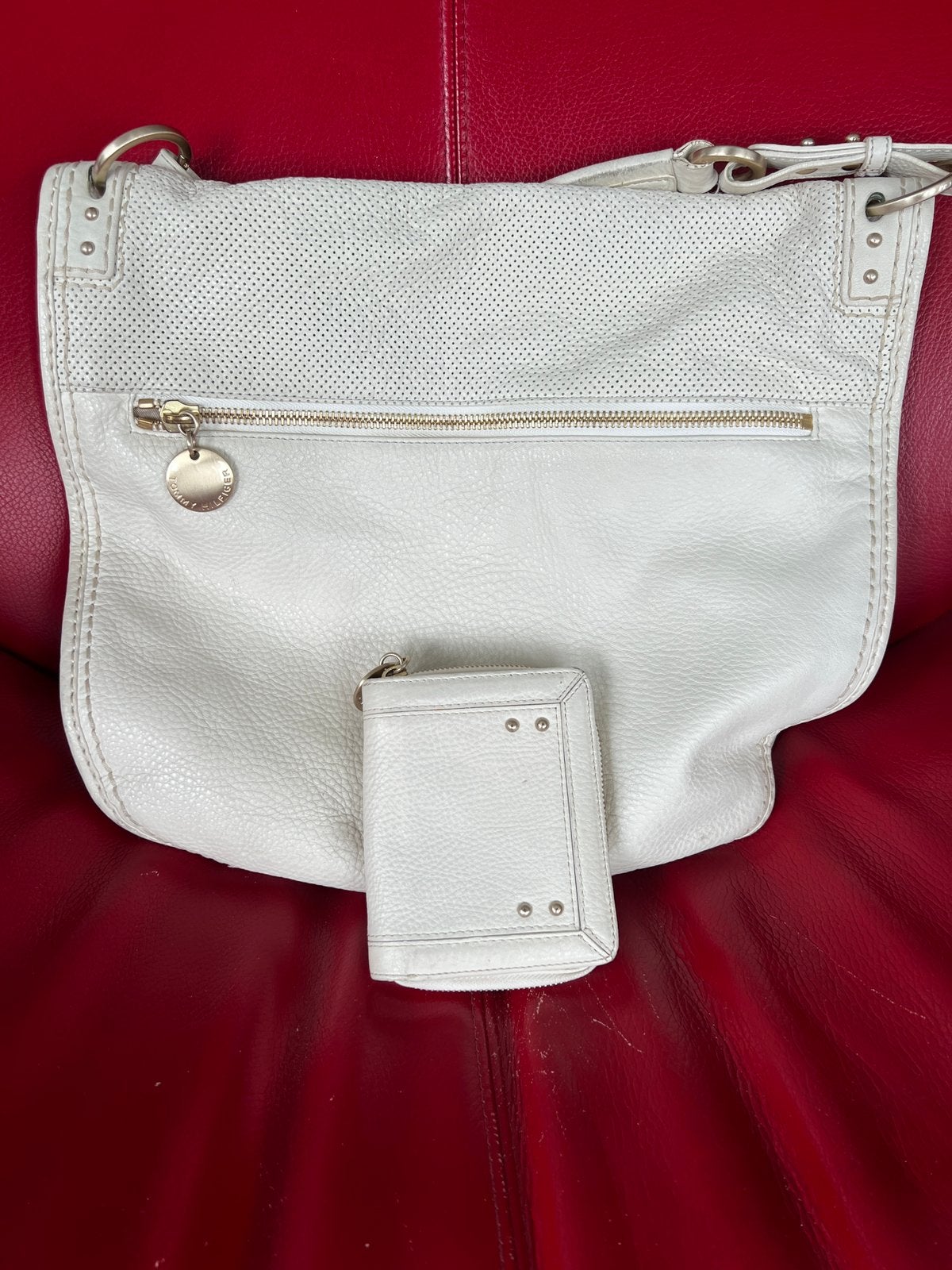 Tommy Hilfiger Witte Leren Schoudertas+Originele Portemonnee, Ophalen, Zo goed als nieuw, Wit