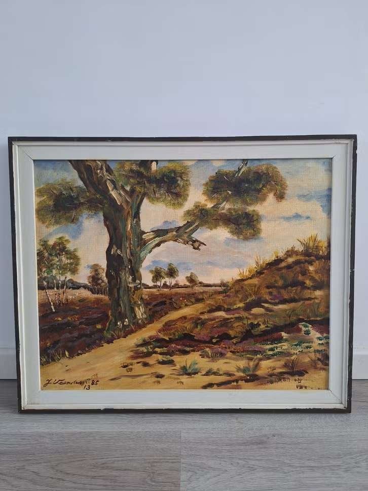 Schilderij: Landschap met boom en heide, gesigneerd, Antiquités & Art, Art | Peinture | Classique, Enlèvement ou Envoi, Encadré
