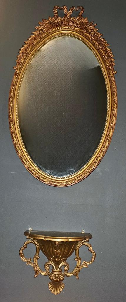 Vergulde ovale Franse spiegel + console, Antiek en Kunst, Ophalen, Ovaal, Minder dan 50 cm, Minder dan 100 cm