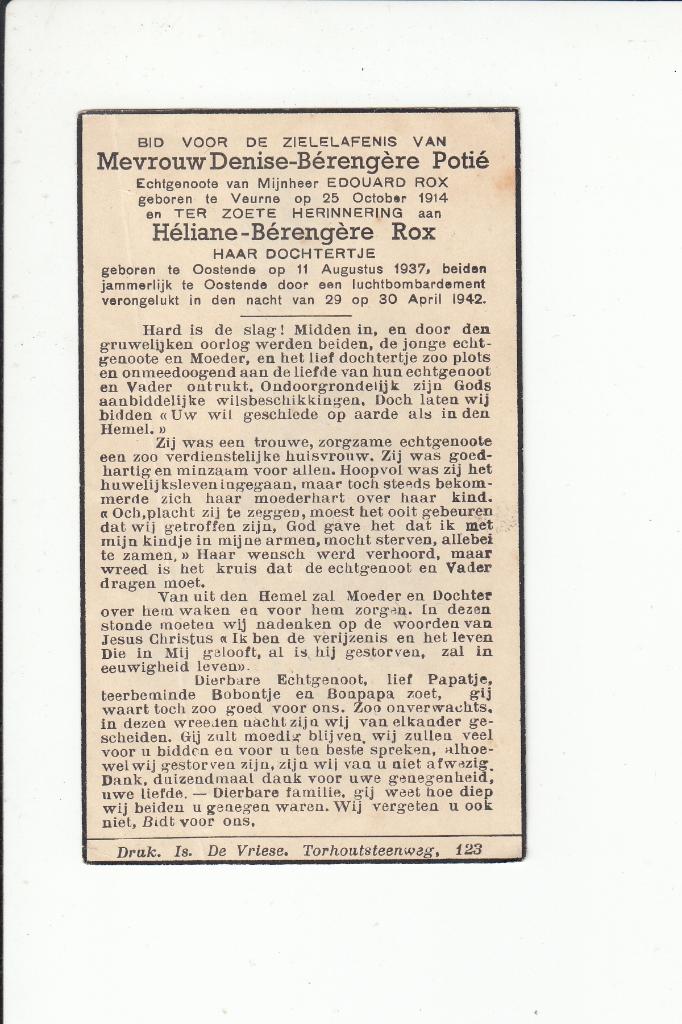 Slachtoffer WO II - Oostende luchtbombardement april 1942, Verzamelen, Bidprentjes en Rouwkaarten, Verzenden, Bidprentje