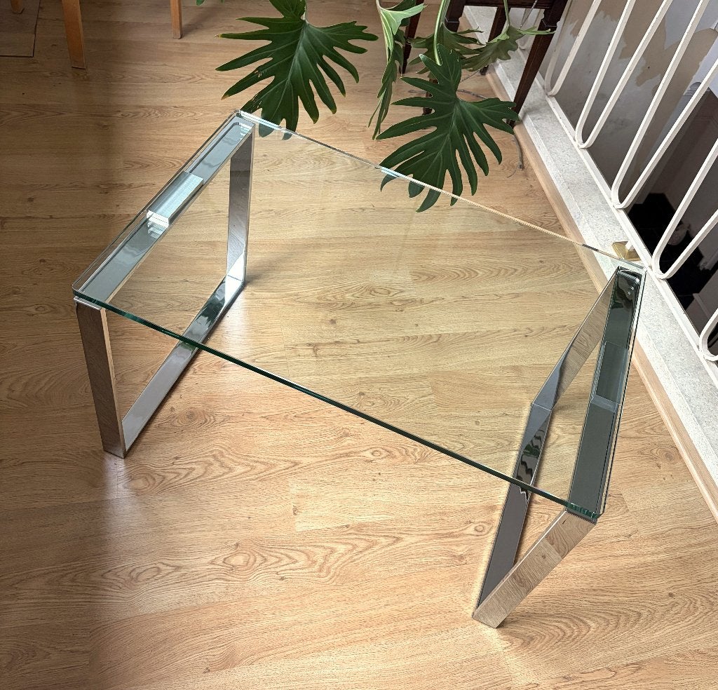 Vintage design salontafeltje met glas en chroom poten, Ophalen, Minder dan 50 cm, Gebruikt, 50 tot 100 cm