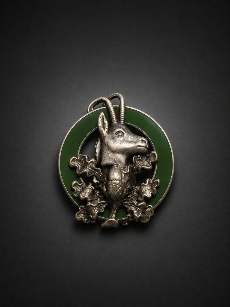 Ancienne broche tête de chamois sur des feuilles de chêne., Enlèvement, Comme neuf, Animal et Nature, Insigne ou Pin's