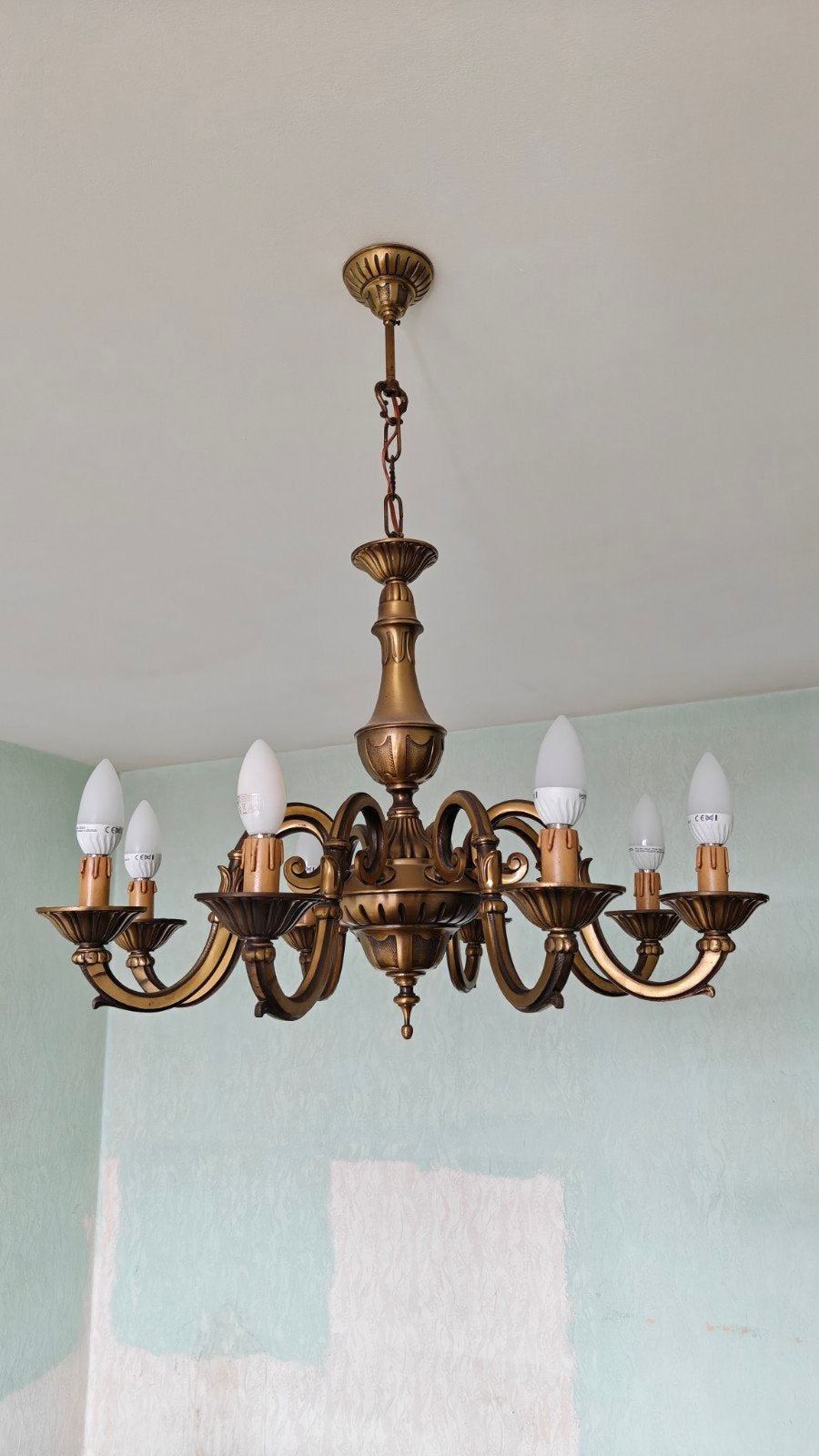 kroonluchter brons/Messing 8 lampen, Ophalen, Gebruikt, Klassiek, E14 (klein)