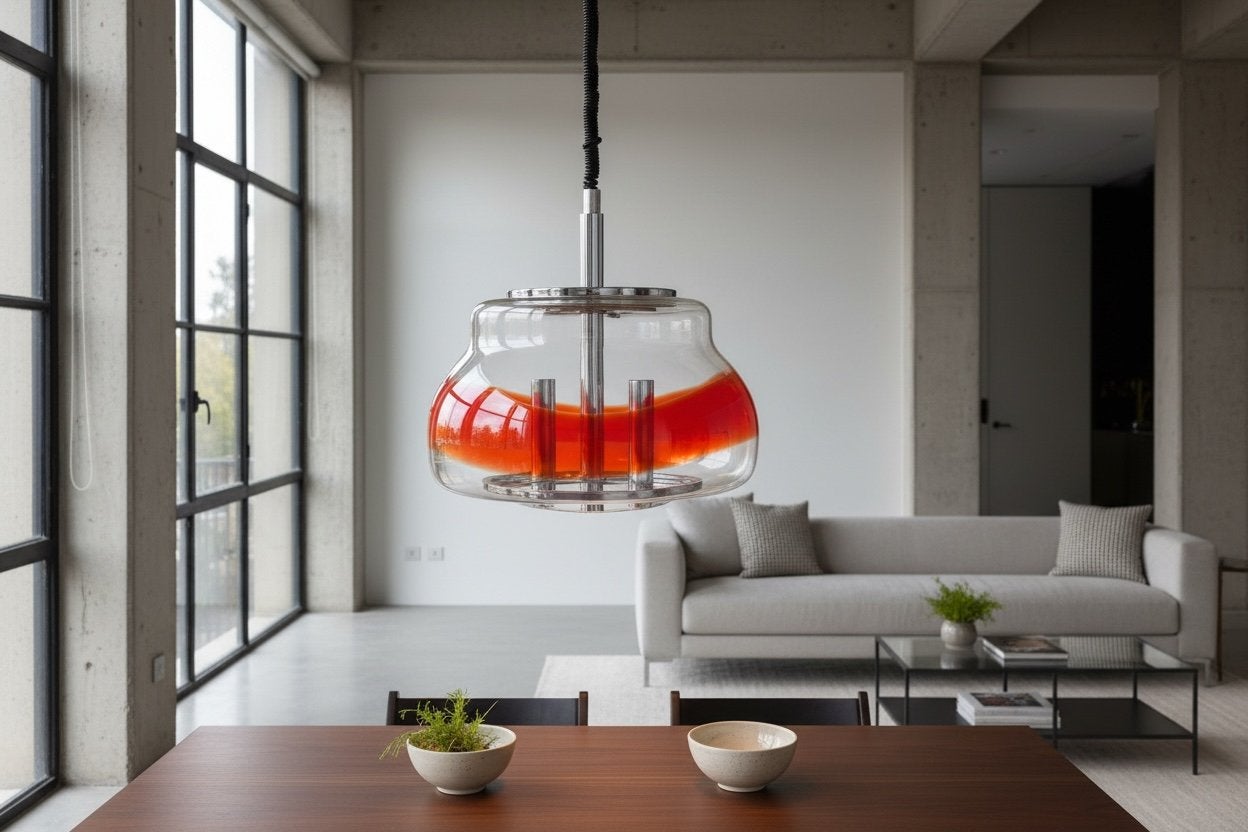 vintage glazen murano hanglamp / luster  met oranje accent, Verzenden