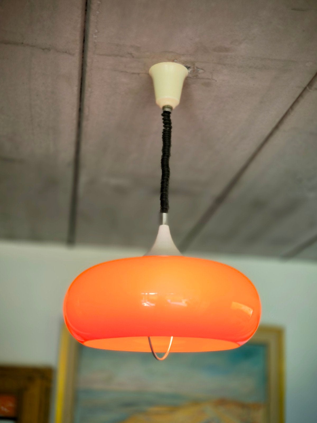 Lampe suspendue Lakro Space-Age orange, année 1970s, Maison & Meubles, Lampes | Suspensions, Utilisé, 50 à 75 cm, Enlèvement ou Envoi