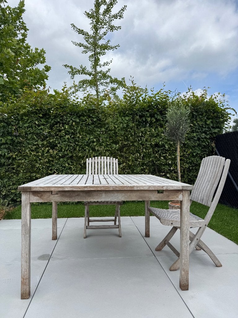 vierkante teak tuintafel + 2 nieuwe verlengstuk + 4 stoelen, Ophalen, Gebruikt, Vierkant, Hout