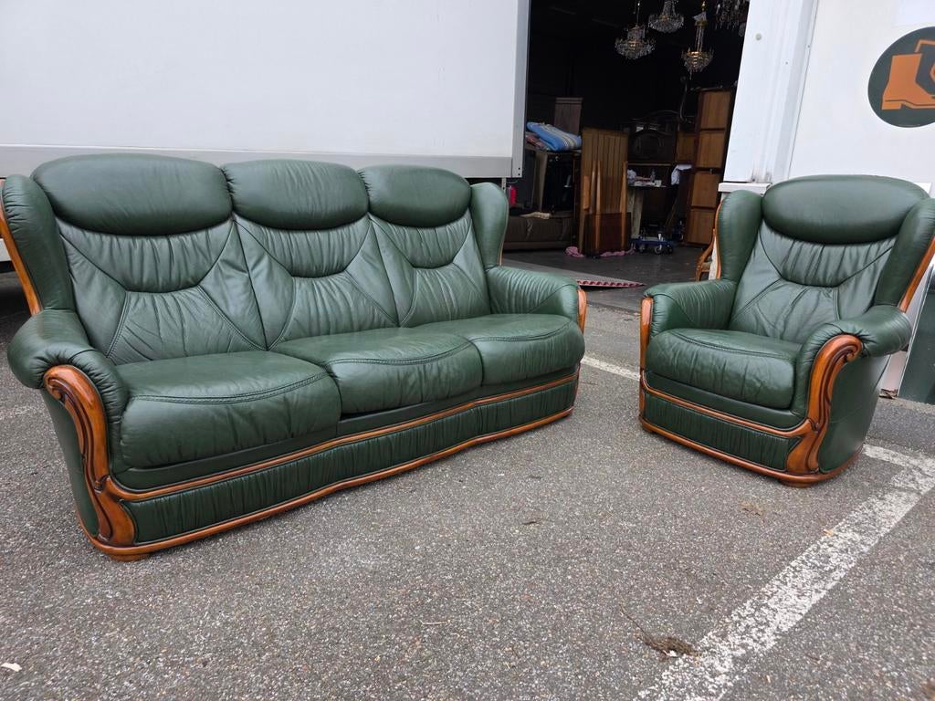 Groen leren salon in perfecte staat te koop, Huis en Inrichting, Ophalen