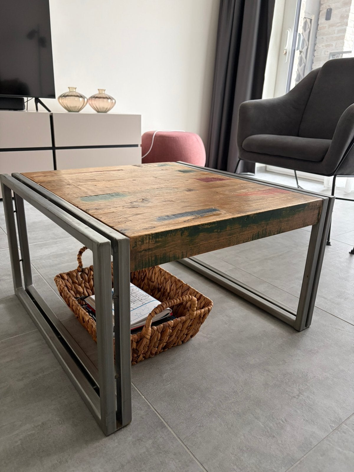 Table basse en bois et métal, Métal, Moins de 50 cm, 50 à 100 cm, Carré