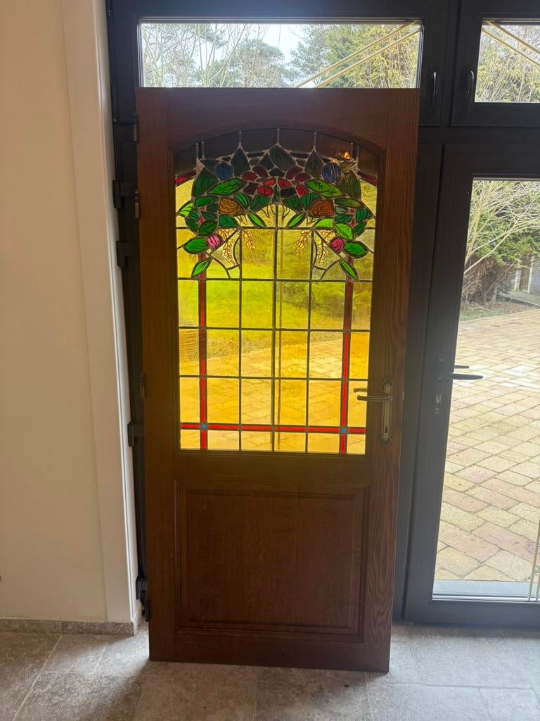 Eiken deur met glas in lood, Ophalen, Zo goed als nieuw, Glas