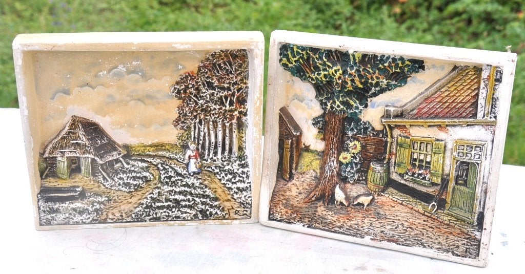 2 cadres muraux en plâtre relief paysage, Enlèvement ou Envoi