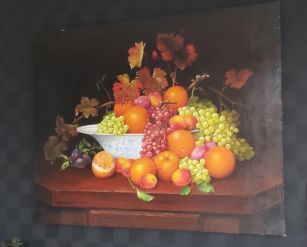 Vintage XXL frans schilderij olieverf doek stilleven fruit, Peinture à l'huile, Enlèvement, Signé, Toile