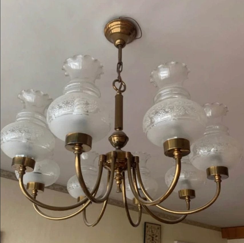 Magnifique lustre vintage en laiton et verre a 8 branches, Autres culots, Vintage, Verre, Enlèvement