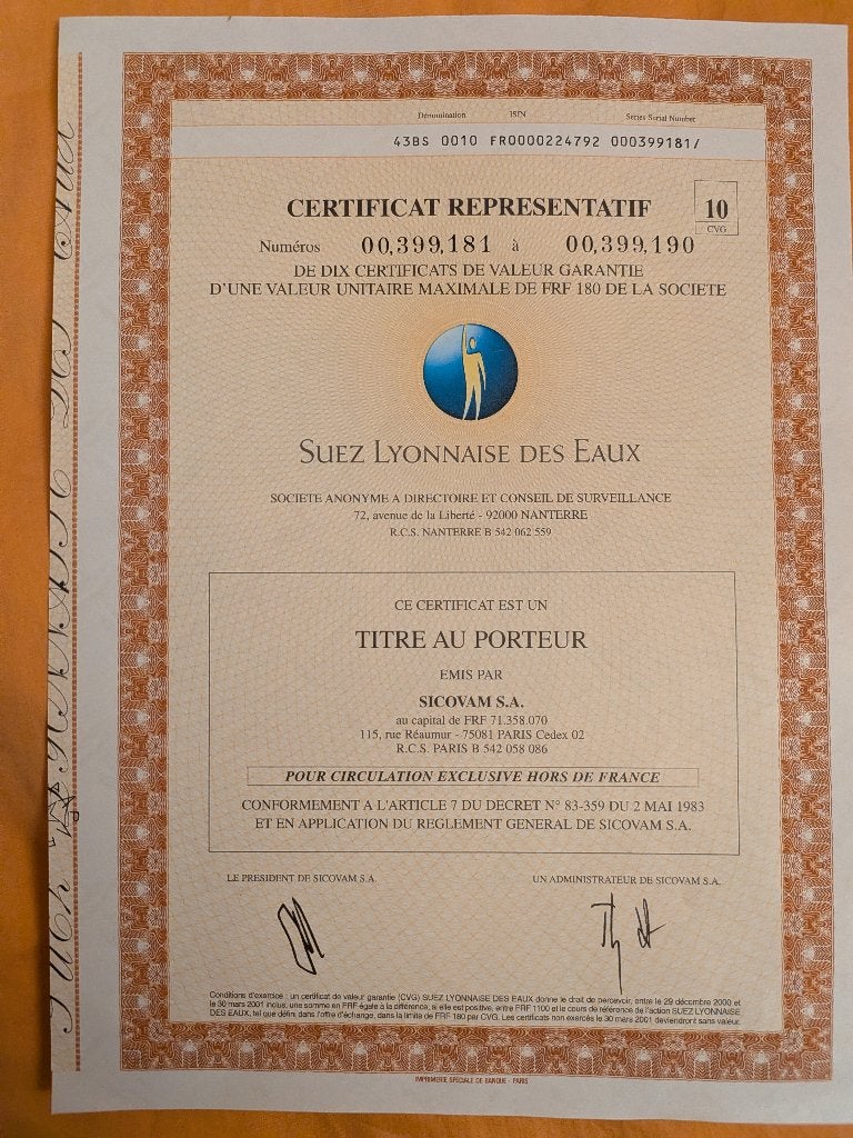 Historisch aandeel Suez Lyonnaise des eaux, 1983, Postzegels en Munten, Ophalen of Verzenden, 1970 tot heden, Aandeel