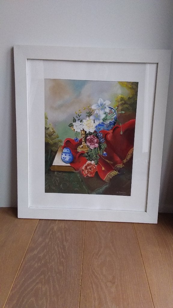 Mooi schilderij met wit kader, Antiek en Kunst, Ophalen, Achter glas, Stilleven
