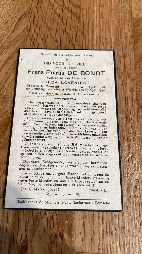 Oorlogsslachtoffer, Temsche, Wilrijk, 1940 De Bondt, Verzenden, Bidprentje