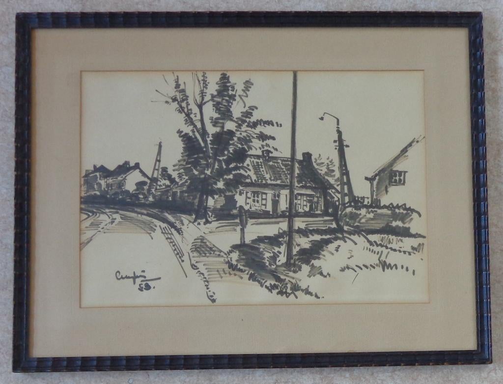 JULIEN CREYTENS / DORPSZICHT / ORIGINEEL / 48x63cm / KADER, Antiquités & Art, Art | Dessins & Photographie, Enlèvement ou Envoi