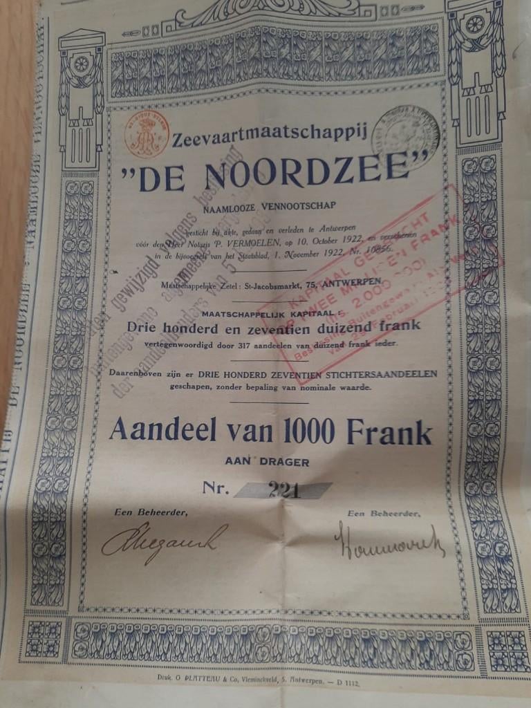 oude aandelen zeevaartmaatschappij 'De Noordzee', Ophalen of Verzenden, 1920 tot 1950, Aandeel