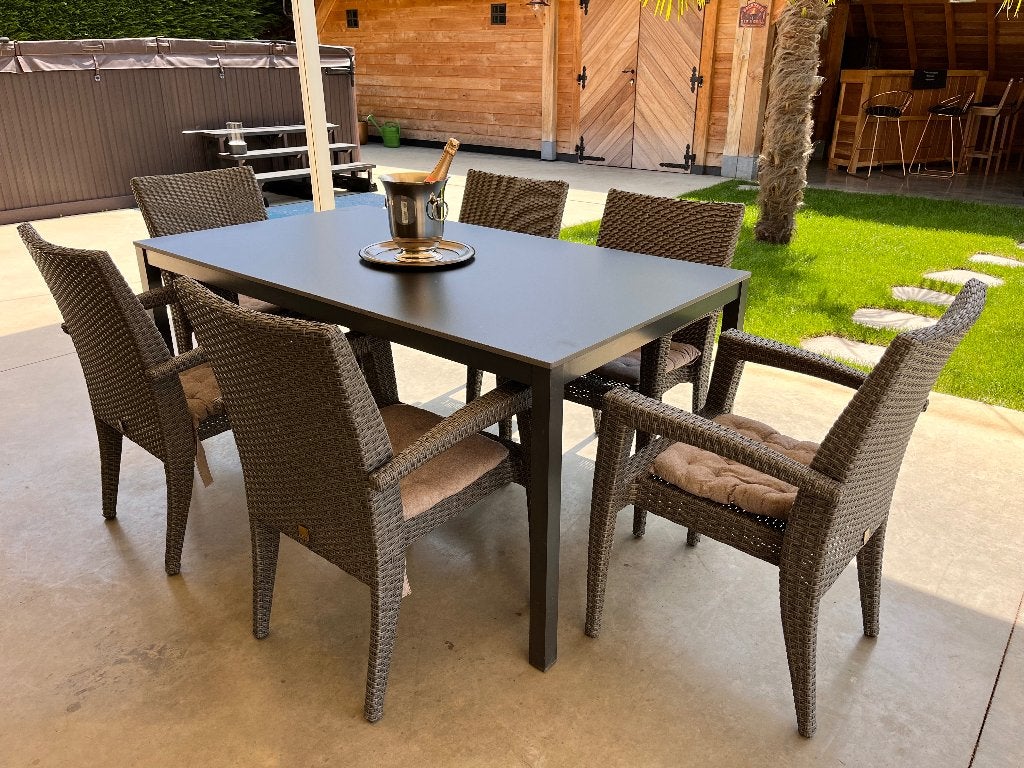 Te koop: tuinset donker grijs merk Azur in gevlochten rotan, Ophalen, Gebruikt, Rotan, 6 zitplaatsen