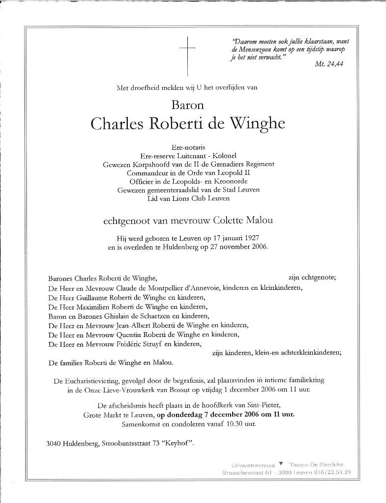 Doodsbrief én dankkaartje Baron Charles Roberti de Winghe, Ophalen of Verzenden