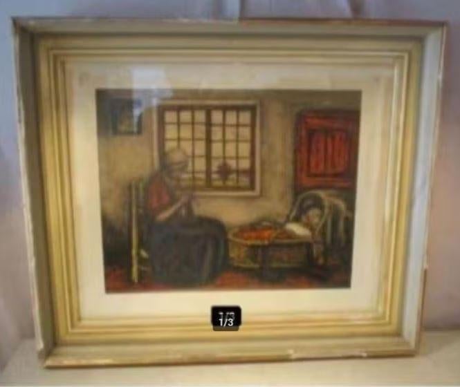Prachtige oude Tekening 'Vrouw met Baby in Wieg' - G Vossen, Antiek en Kunst, Ophalen of Verzenden