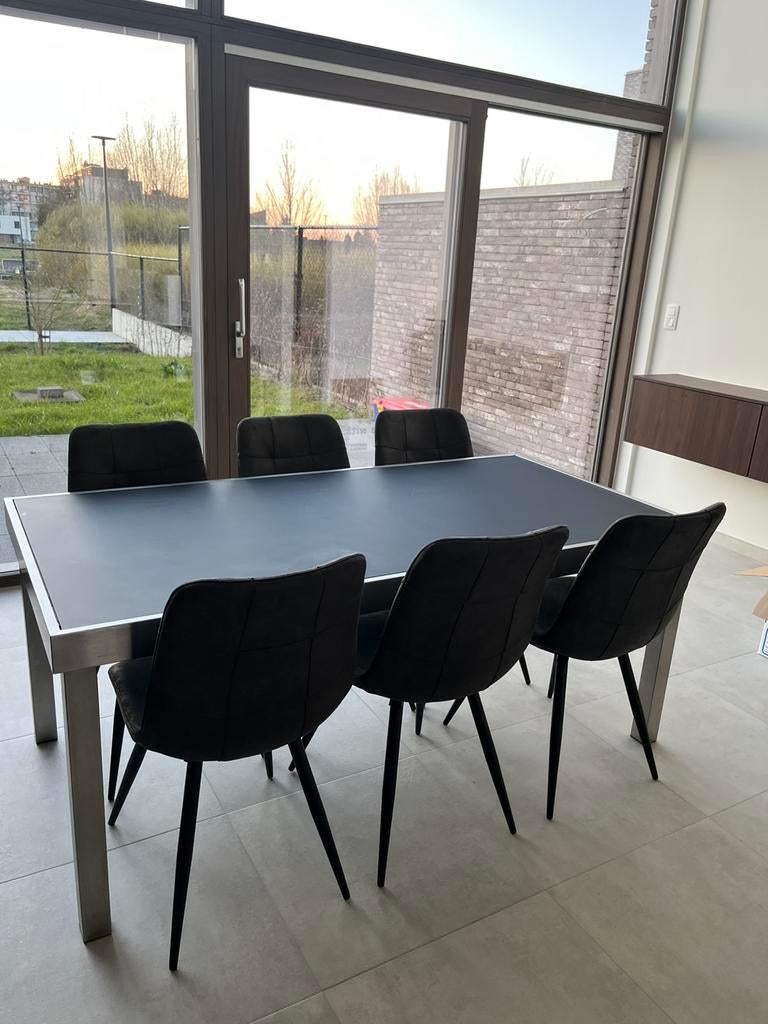 Eettafel met RVS frame en glasplaat, Huis en Inrichting, Tafels | Eettafels, Ophalen, Gebruikt, 50 tot 100 cm, Glas